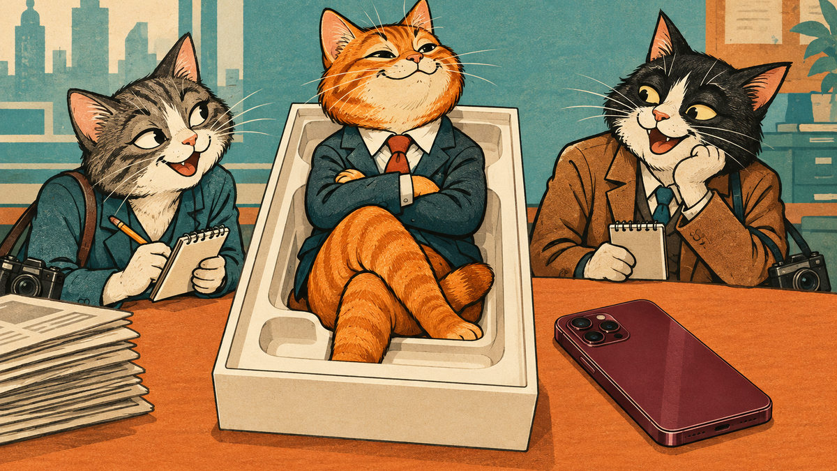 Orange tabby editor sits in a smartphone box while two cat reporters watch; cream, teal and orange editorial cartoon.