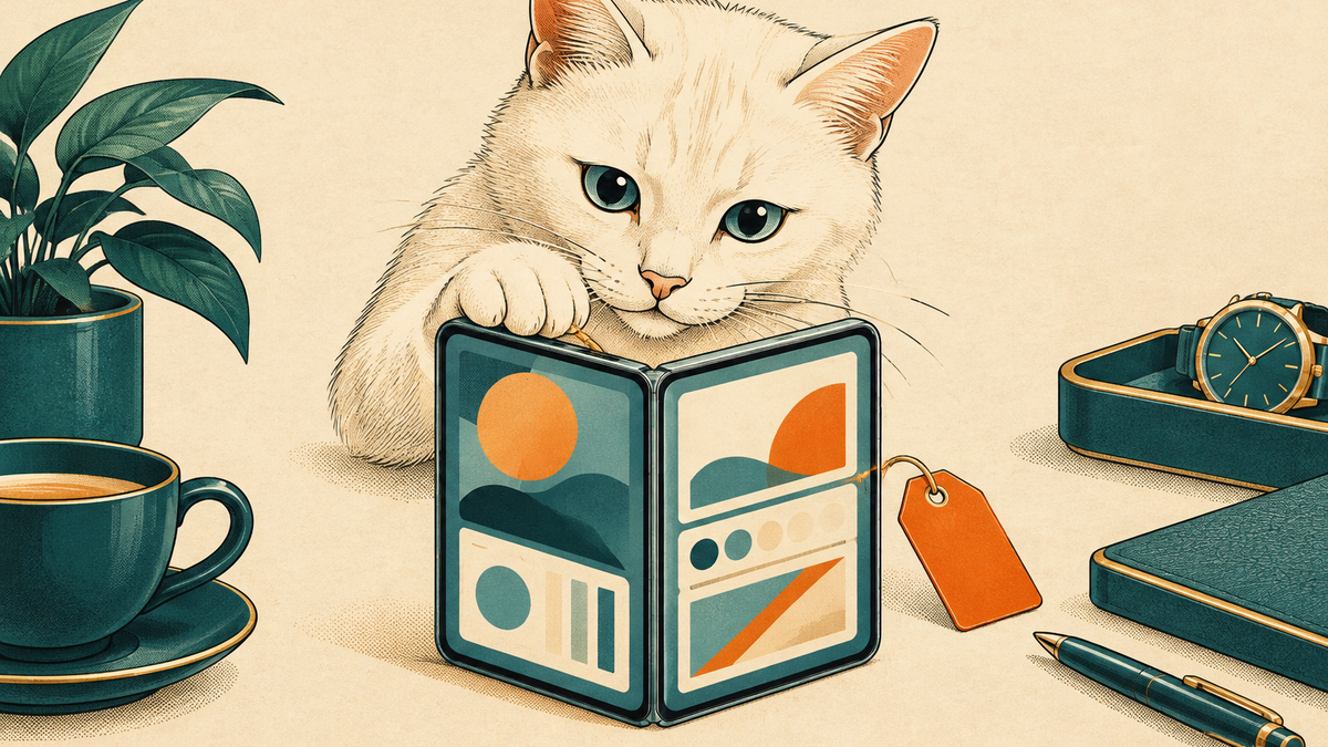 Cream-colored cat tests the hinge of a generic foldable phone in a cream, teal, and orange editorial cartoon