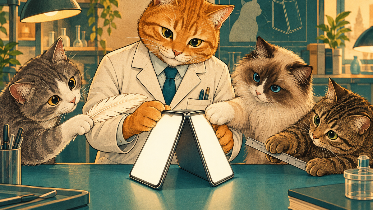 Editorial cartoon of four cats inspecting a generic foldable smartphone in a teal laboratory.
