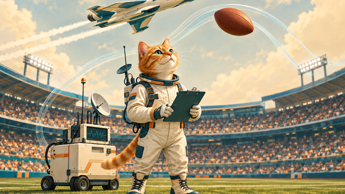 An orange astronaut cat studies a flying football while a cream-and-teal research jet passes over a stadium.