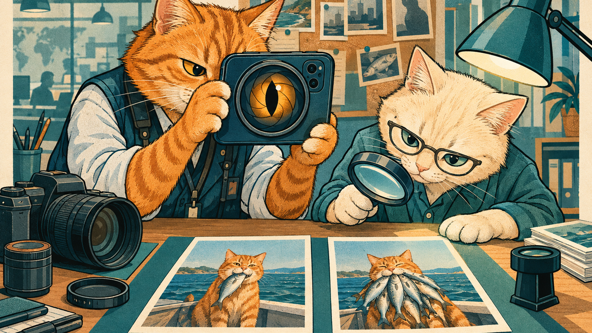 Editorial cartoon of two cat photojournalists examining a smartphone camera iris and comparing fish photographs.