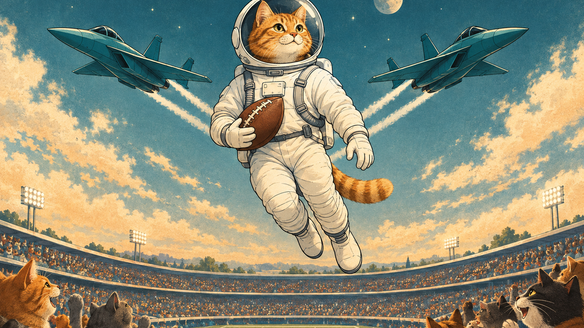 Editorial cartoon of an orange astronaut cat holding a football above a stadium as two teal training jets fly past.