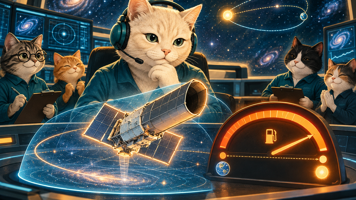 Cream-colored cat mission director in a teal space control room studies a telescope beside a glowing orange fuel gauge.