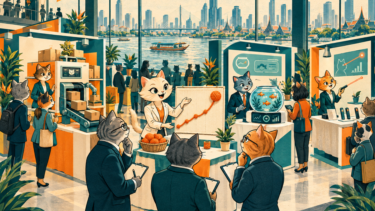Editorial cartoon of cat entrepreneurs pitching whimsical technology startups at a Bangkok riverside business expo