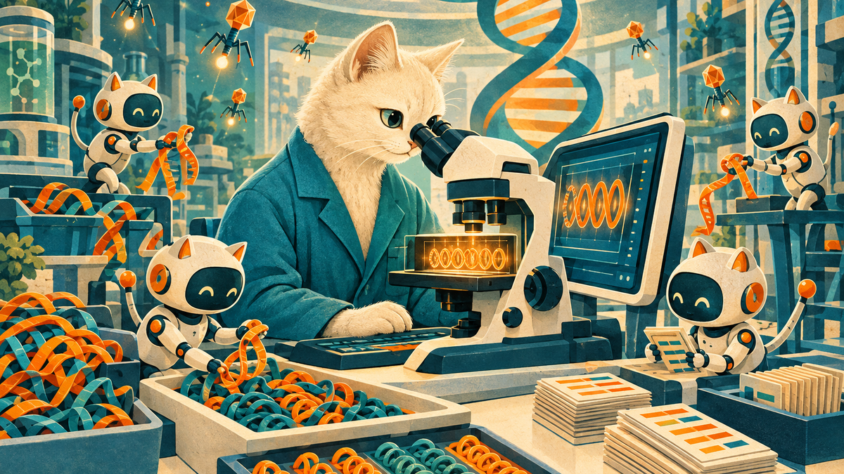 A cream-colored scientist cat and small robot cats examine glowing orange DNA repeats in a teal molecular biology laboratory.