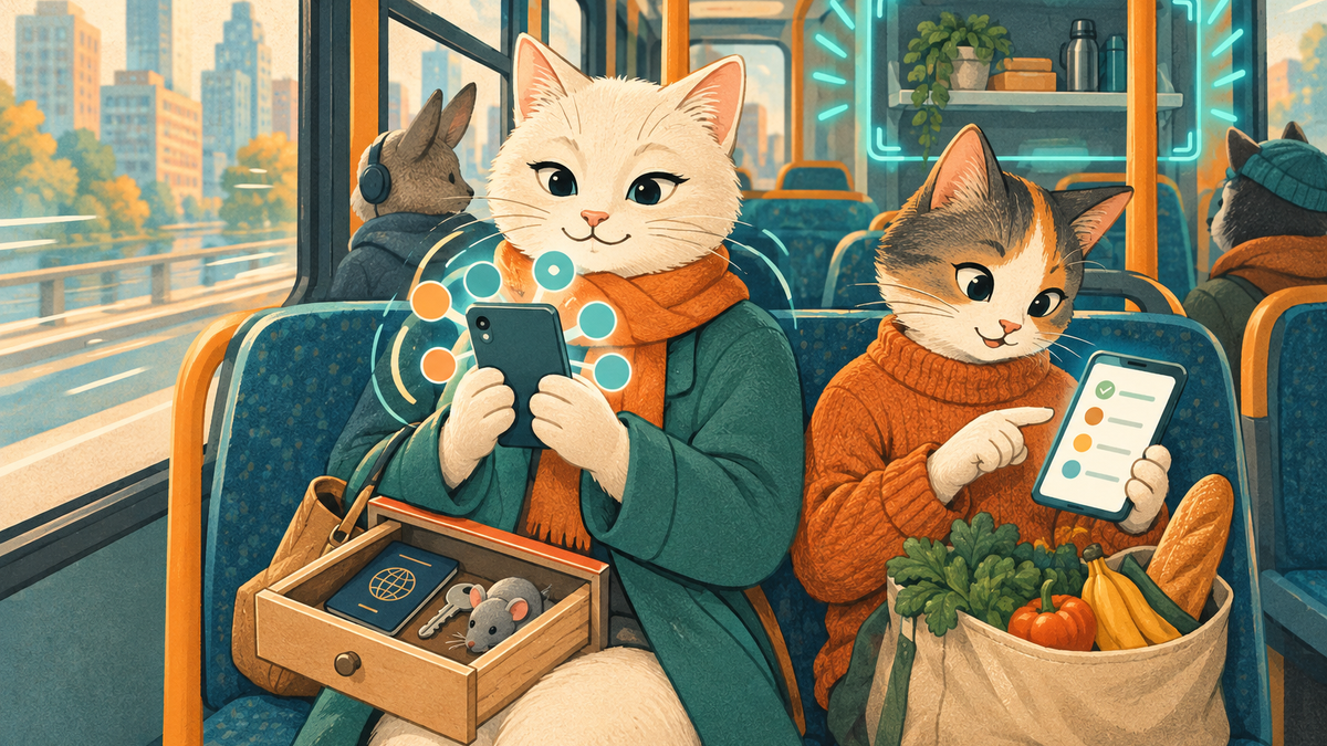 Cream and calico cats riding a bus use phones with motion bubbles, a shared grocery list, and a drawer holding a passport, key, and toy mouse.