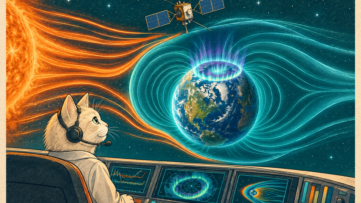 Editorial cartoon of a cream-colored scientist cat watching a satellite observe solar wind bending around Earth's magnetic field and aurora.