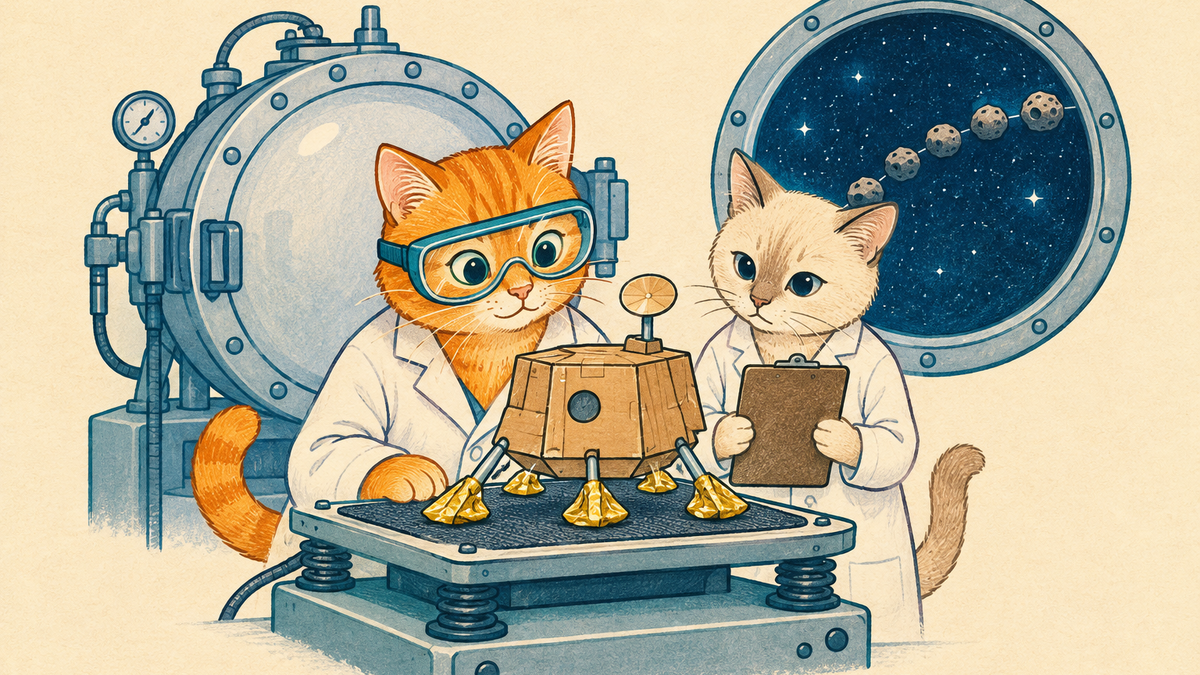 Two fictional cat engineers test a cardboard asteroid probe on a shaker platform in a cream, teal and orange laboratory cartoon.