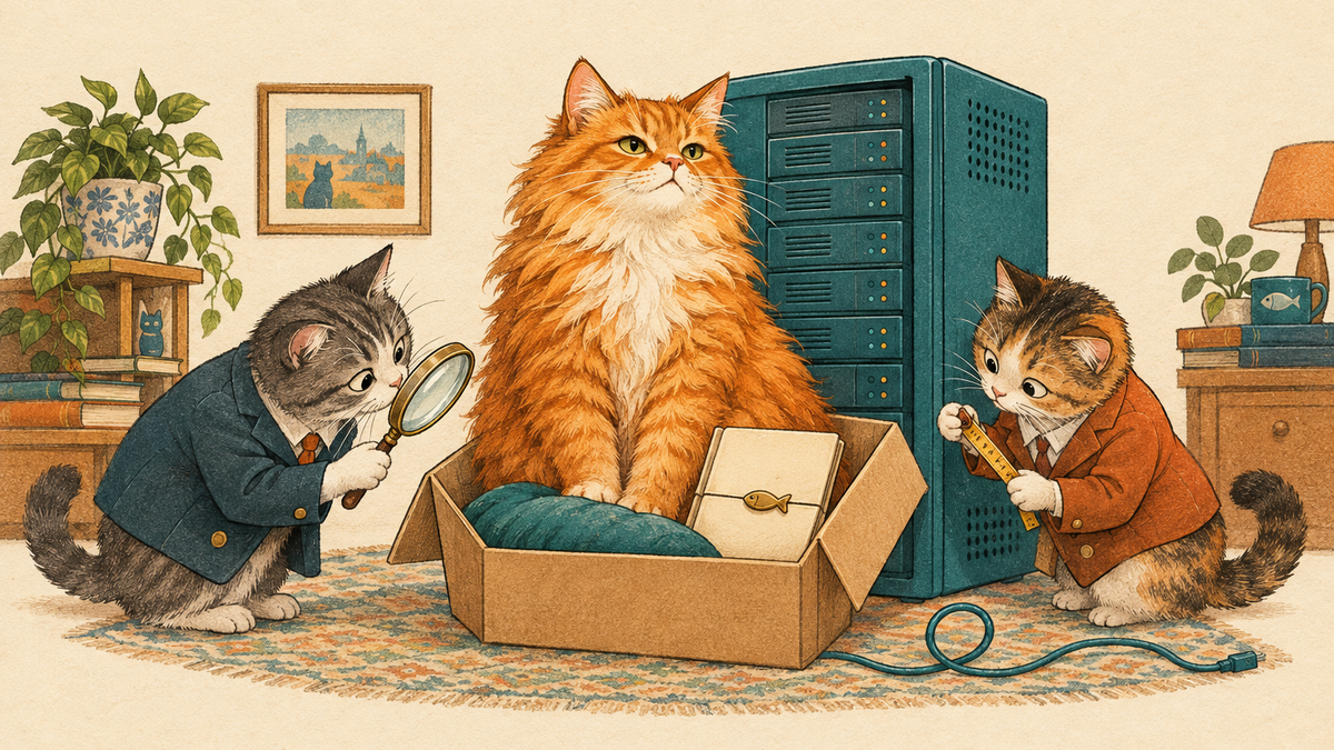 An orange cat guards a cardboard box beside a teal server as two feline officials inspect it.
