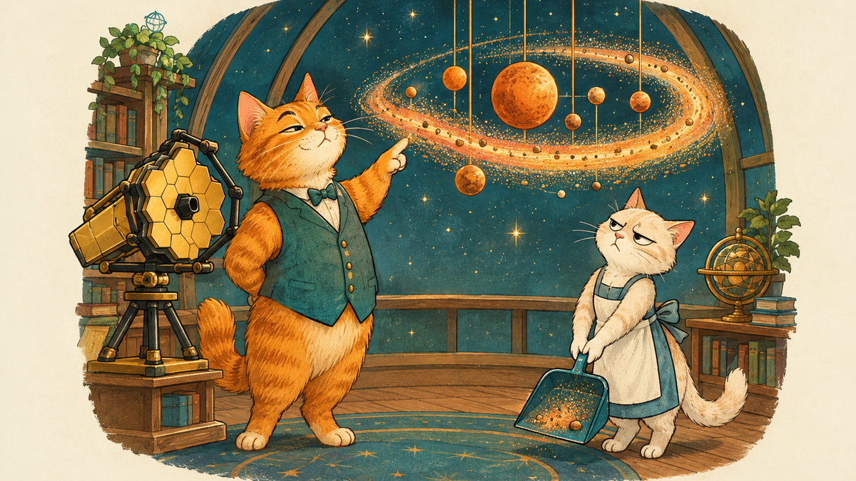 An orange cat astronomy professor gestures at a dusty model planetary system beside a gold telescope while a skeptical cream cat holds a dustpan.