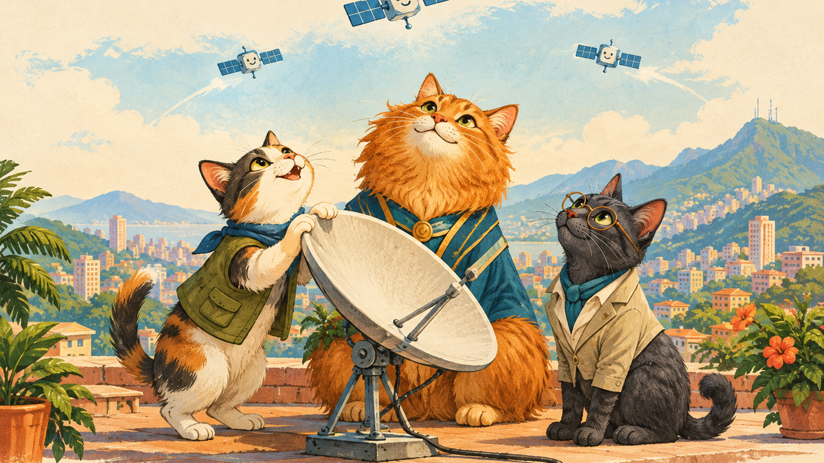 Three cats inspect a rooftop satellite dish beneath small satellites, with a tropical city skyline behind them.