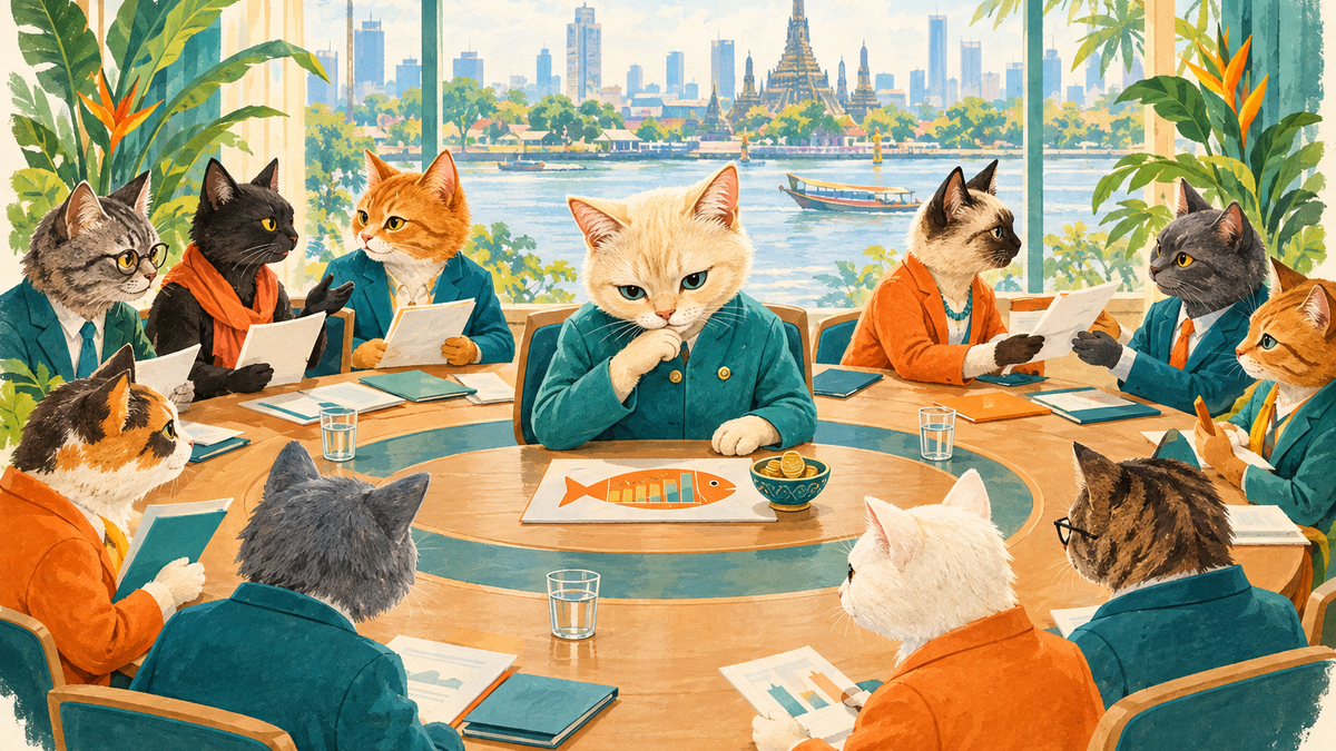 A cream-colored cat chairing a fictional economic summit with feline delegates in Bangkok, studying a fish-shaped chart beside a bowl of coins.