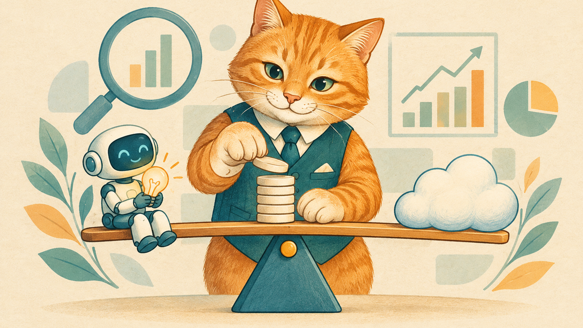 An orange cat banker balances coins on a seesaw beside a friendly robot and abstract market charts.