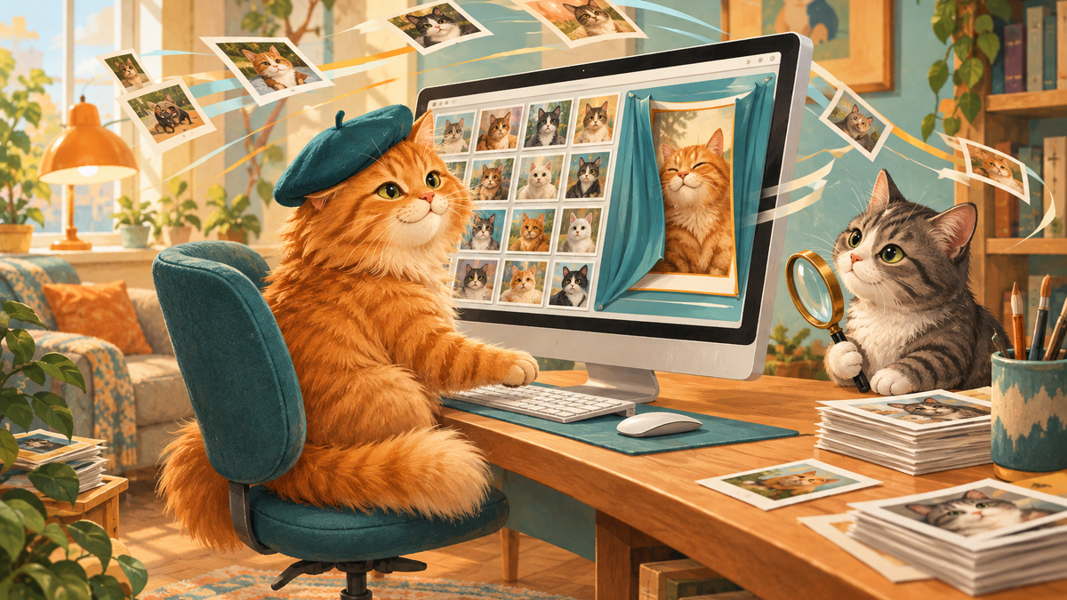 A ginger cat curator sorts cat portraits on a desktop photo gallery while a gray cat inspects the results with a magnifying glass.