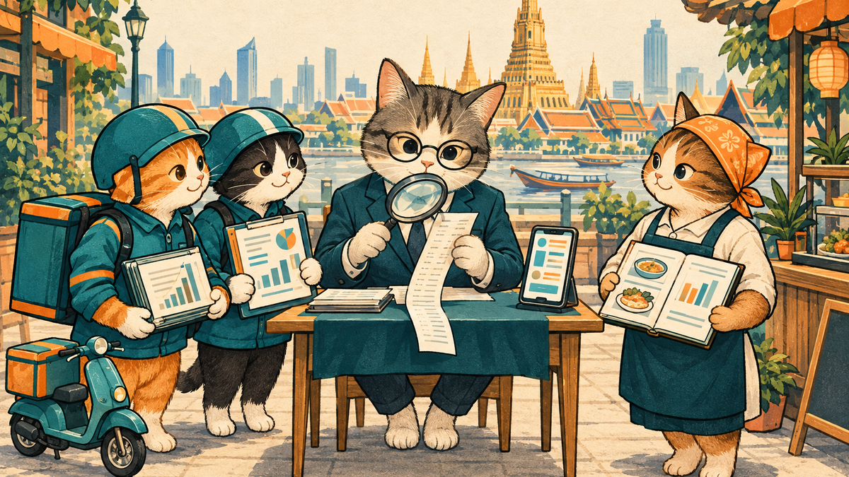 An editorial illustration of cat delivery couriers and a restaurant-owner cat presenting ledgers to a cat regulator examining a long receipt in a Bangkok-inspired city.