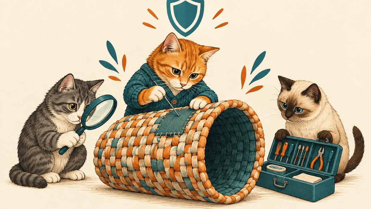 Three cat engineers inspect and patch a woven tunnel beneath a simple shield icon, in cream, teal and orange.